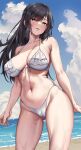  1girl ass_visible_through_thighs beach bikini black_eyes black_hair blue_sky breasts cloud day frilled_bikini frills highres horizon jack_dempa large_breasts long_hair looking_at_viewer miyamae_shiho_(jack_dempa) mole mole_on_arm mole_on_breast mole_on_thigh mole_under_eye ocean open_mouth original outdoors sky smile solo standing swimsuit wet white_bikini 