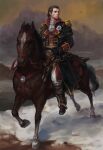  1boy aristocratic_clothes artist_name assassin&#039;s_creed:_rogue assassin&#039;s_creed_(series) black_coat black_gloves black_hair boots brown_footwear coat commentary english_commentary epaulettes gloves highres horse horseback_riding looking_to_the_side outdoors pants riding shay_patrick_cormac snow sunsetagain watermark white_pants 