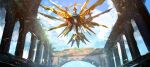  1other absurdres asaki_(asaki_vision) bird cloud duel_monster falcon flying highres looking_at_viewer mechanical_wings other_focus raidraptor_-_ultimate_falcon ruins sky solo_focus wings yu-gi-oh! 