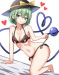  1girl areola_slip black_bra black_headwear black_panties blush bow bra breast_cutout breasts budo029 cleavage closed_mouth commission green_eyes green_hair groin hat hat_bow heart heart_of_string highres komeiji_koishi lingerie looking_at_viewer medium_breasts multiple_sources navel panties panty_pull pulled_by_self short_hair simple_background skeb_commission smile solo third_eye touhou underwear white_background yellow_bow 