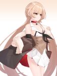  1girl absurdres bare_shoulders blonde_hair breasts choker cowboy_shot detached_sleeves fur-trimmed_jacket fur_trim girls&#039;_frontline highres jacket long_hair nabiyan open_clothes open_jacket ots-14_(girls&#039;_frontline) pleated_skirt red_choker removing_jacket skirt sleeveless small_breasts solo twintails very_long_hair white_skirt yellow_eyes 