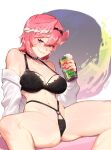  ass ass_visible_through_thighs bare_shoulders beer_can black_bra black_choker black_headband black_panties black_underwear blue_eyes bra breasts can choker drink head_wings headband holding holding_drink hololive kollerss large_breasts lingerie looking_at_viewer naughty_face navel panties pink_hair seductive_smile shirt short_hair simple_background sitting smile spread_legs takane_lui thick_thighs thighs underwear virtual_youtuber white_shirt wide_spread_legs wings 