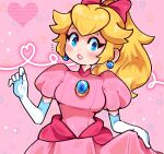  1girl blonde_hair blue_eyes brooch dress earrings elbow_gloves gloves heart highres iamfixated jewelry looking_at_viewer mario_(series) official_alternate_hairstyle pink_dress ponytail princess_peach puffy_short_sleeves puffy_sleeves short_sleeves solo sphere_earrings untitled_princess_peach_game upper_body white_gloves 