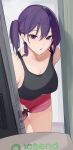 1girl absurdres bent_over black_tank_top breasts cleavage hair_between_eyes highres hololive hololive_english koupi_(ku_roiko) ku_roiko large_breasts looking_at_viewer one_side_up open_mouth opening_door personification purple_eyes purple_hair red_shorts shorts solo takodachi_(ninomae_ina&#039;nis) tank_top 