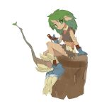  1boy absurdres akumesik blue_gloves closed_mouth full_body gloves grandia grandia_i green_eyes green_hair highres horns long_hair looking_at_viewer male_focus rem_(grandia) simple_background single_horn sitting solo tree_stump white_background 