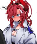  ... 1boy 1girl :3 blue_archive blue_eyes blush breasts cleavage goggles goggles_on_head hair_ornament highres horns long_hair megu_(blue_archive) pointy_ears red_hair simple_background sin_seishun spoken_ellipsis white_background 