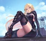  1girl armored_boots azur_lane bismarck_(azur_lane) bismarck_zwei_(azur_lane) black_gloves blonde_hair blue_eyes blue_sky boots breasts filin giant giantess gloves hair_between_eyes harbor highres long_hair looking_at_viewer open_mouth outdoors sideboob sidelocks signature sitting sky solo thighs 