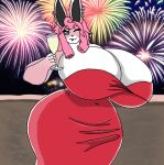  anthro big_breasts blinking blue_eyes breasts clothed clothing container cup dress ear_piercing female fireworks generation_1_pokemon hair holidays huge_breasts maria_(bunbun_maria) new_year nintendo piercing pink_body pink_hair pokemon pokemon_(species) red_clothing red_dress skaylaart solo white_body wigglytuff 
