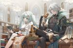  1boy 1girl alhaitham_(genshin_impact) aqua_eyes aqua_hair black_footwear black_pants black_shirt boots cape crossed_legs cup desk detached_sleeves faruzan_(genshin_impact) genshin_impact gold_trim green_cape grey_hair hair_over_one_eye holding holding_cup indoors lamp library long_hair mug pants ri_eul_fd shirt sitting table twintails very_long_hair vision_(genshin_impact) window 