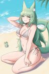  1girl animal_ear_fluff animal_ears arknights beach bikini blush breasts cat_ears cat_girl cleavage english_commentary fangs_(fangs_art) green_eyes green_hair green_nails harmonie_(arknights) highres large_breasts long_hair looking_at_viewer navel ocean palm_leaf sand seiza side-tie_bikini_bottom sitting smile solo swimsuit thighs water white_bikini 