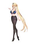  1girl black_pantyhose blonde_hair blue_bra bra breasts character_request closed_mouth copyright_request green_eyes guratan headband highres large_breasts long_legs panties pantyhose ponytail solo underwear white_background white_panties 