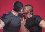  2boys arm_tattoo artist_name bara black_hair black_shirt blue_eyes call_of_duty call_of_duty:_modern_warfare_2 closed_eyes couple facepaint french_kiss ghost_(modern_warfare_2) highres kiss large_pectorals looking_at_another male_focus mask mask_lift multiple_boys muscular muscular_male pectorals semainsargevan shirt short_hair skull_mask soap_(modern_warfare_2) tattoo tongue tongue_out upper_body yaoi 