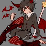  1girl androgynous bat_(animal) black_hair boots closed_mouth coat demon_girl demon_horns demon_wings full_body grey_background grey_coat horns long_sleeves oounabara_to_wadanohara radishcarbon red_eyes red_footwear red_thighhighs shirt short_hair sketch solo striped striped_thighhighs thighhighs ver_million_(wadanohara) white_shirt wings 