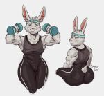  accessory anthro athletic athletic_anthro athletic_male biceps big_butt bulge butt clothing exercise eyebrows eyes_closed facial_tuft flexing fur head_tuft headband hi_res holding_dumbbell humanoid_hands inner_ear_fluff lagomorph leporid long_ears male mammal muscular muscular_male pecs pink_nose rabbit rear_view shirt short_tail simple_background sitting sketch smile solo soloemi3 sweatpants tail tank_top thick_thighs topwear tuft white_background white_body white_fur wide_hips 