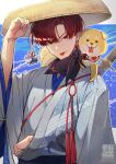  1boy age_nasuo ajirogasa artist_logo blue_background dog dog_on_shoulder ear_piercing fate/grand_order fate_(series) hat highres japanese_clothes katana kimono male_focus piercing red_eyes red_hair sandogasa scarf sword takasugi_shinsaku_(fate) takasugi_shinsaku_(first_ascension)_(fate) tongue tongue_out weapon 