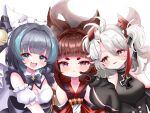  3girls :d :t amagi-chan_(azur_lane) animal_ear_fluff animal_ears antenna_hair azur_lane bangs bell black_dress black_gloves black_hair blunt_bangs bow brown_hair cat_ears cheek_poking commentary_request cross detached_collar dress eyeshadow fake_animal_ears fang fox_ears fox_girl fox_tail gloves green_eyes grey_hair hair_bell hair_between_eyes hair_bow hair_ornament hair_ribbon highres iron_cross japanese_clothes jingle_bell kokonoe910 kyuubi little_cheshire_(azur_lane) little_prinz_eugen_(azur_lane) long_hair long_sleeves looking_at_another looking_at_viewer maid maid_headdress makeup multicolored_hair multiple_girls multiple_tails parted_bangs poking pout purple_eyes ribbon rope shimenawa short_hair short_sleeves sidelocks simple_background smile streaked_hair tail thick_eyebrows turtleneck_dress twintails two-tone_hair two_side_up wide_sleeves yellow_eyes 
