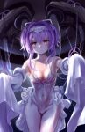  1girl breasts cleavage closed_mouth covered_navel detached_sleeves frills goddess_of_victory:_nikke headband highres leotard liberalio_(nikke) lunati_nikke pleated_skirt purple_hair red_eyes short_hair sidelocks skirt small_breasts solo thighs tube very_long_sleeves 
