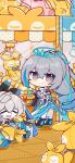  2girls armor bag bare_shoulders bronya_zaychik bronya_zaychik_(herrscher_of_truth) chibi closed_mouth colored_inner_hair crane_game crossed_bangs detached_sleeves eta green_eyes grey_eyes grey_hair halo high_ponytail highres homei_(honkai_impact) homu_(honkai_impact) honkai_(series) honkai_impact_3rd long_hair looking_at_viewer multicolored_hair multiple_girls official_art official_wallpaper on_floor open_mouth ponytail project_bunny single_drill smile streaked_hair white_armor 