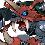  1other artist_name belt blue_eyes claws digimon digimon_(creature) horns no_humans open_mouth sharp_teeth simple_background single_horn sinobali solo teeth tusks upper_body white_background zudomon 