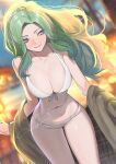  1girl absurdres adomiwan bare_shoulders bikini blush breasts cleavage closed_mouth collarbone front-tie_bikini_top front-tie_top green_hair green_jacket highres jacket jacket_partially_removed large_breasts long_hair looking_to_the_side midori_(adomiwan) navel original outdoors pink_eyes shiny_skin signature smile solo stomach swimsuit thighs white_bikini 