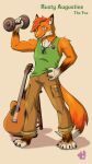  anthro bisexual_pride_colors canid canine clothed clothing fox guitar lgbt_pride male mammal musical_instrument plucked_string_instrument pride_colors string_instrument weightlifting. 