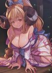  1girl absurdres ahoge all_fours anila_(granblue_fantasy) bare_shoulders batayu blonde_hair braid breasts bug cleavage curled_horns draph firefly granblue_fantasy grin highres horns japanese_clothes kimono large_breasts long_hair off_shoulder single_braid smile solo thick_eyebrows very_long_hair yellow_eyes yukata 