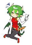  1girl absurdres black_pants brown_eyes china_dress chinese_clothes closed_mouth draco_centauros dragon_girl dragon_horns dragon_tail dragon_wings dress elbow_gloves embarrassed flag full_body gloves green_hair highres horns looking_at_viewer offbeat pants pointy_ears puyopuyo red_dress red_footwear short_hair simple_background sleeveless sleeveless_dress solo tail white_background white_flag white_gloves wings 