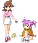  2girls bakuten_shoot_beyblade beyblade beyblade_(object) blue_eyes blush brown_eyes brown_hair closed_mouth full_body kurumi_(beyblade) looking_at_another looking_at_viewer multiple_girls nyoki_naioki panties purple_hair shoes sitting tachibana_hiromi twitter_username underwear 