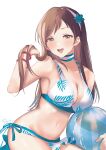  1girl absurdres aqua_bikini armpits ball beachball bikini blush breasts brown_hair cleavage collarbone dated highres idolmaster idolmaster_cinderella_girls kevn large_breasts leaf_print looking_at_viewer navel nitta_minami palm_leaf side-tie_bikini_bottom signature smile solo stomach straight_hair swimsuit 