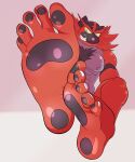  2023 5_toes abs anthro black_body black_chest_hair black_ears black_fur black_pawpads body_hair chest_hair eyebrows feet foot_focus fur generation_7_pokemon glistening glistening_body glistening_feet hi_res humanoid_feet incineroar looking_away male multicolored_body multicolored_fur muscular muscular_anthro muscular_male nails nintendo nipples pawpads paws pecs pink_background pink_nose plantigrade pokemon pokemon_(species) prick_ears red_body red_eyebrows red_fur sharp_teeth simple_background sitting soles solo teeth toenails toes v-mhol white_background white_body white_nipples yellow_sclera 