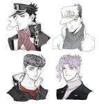  4boys alternate_costume black_hair blue_eyes blue_hair brooch cigarette collar_chain_(jewelry) collared_jacket cropped_torso diamond_wa_kudakenai earrings gakuran hat heart heart_brooch higashikata_josuke highres jacket jewelry jojo_no_kimyou_na_bouken kakyoin_noriaki kujo_jotaro kuroi_koro lapel_pin lapels looking_at_viewer looking_to_the_side male_focus multiple_boys notched_lapels one_eye_covered pink_eyes pink_scarf pompadour purple_eyes purple_hair red_shirt scarf school_uniform shirt short_hair simple_background smile smoking stardust_crusaders stud_earrings sweater turtleneck turtleneck_sweater white_background white_jacket 