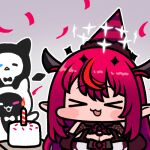  &gt;_&lt; 1girl :d birthday_cake bloom_(irys) blush breasts cake cleavage food gloom_(irys) halo hat hololive hololive_english horns irys_(hololive) jazz_jack long_hair lowres multicolored_hair open_mouth party_hat pointy_ears purple_hair red_hair smile solo streaked_hair virtual_youtuber xd 