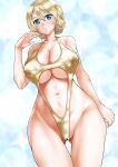  1girl ass_visible_through_thighs blonde_hair blue_background blue_eyes braid breasts cleft_of_venus closed_mouth clothing_cutout commentary cowboy_shot darjeeling_(girls_und_panzer) dutch_angle girls_und_panzer gold_one-piece_swimsuit halterneck hand_to_own_mouth highleg highleg_swimsuit highres huge_breasts looking_at_viewer navel navel_cutout one-piece_swimsuit shiromitsu_suzaku short_hair smile solo sparkle standing swimsuit thigh_gap twin_braids 