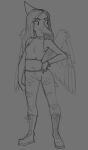  anthro bottomwear clothed clothing dinosaur eyebrows fang_(gvh) feathered_wings feathers female goodbye_volcano_high grey_background hair hand_on_hip long_hair long_snout monochrome navel pants pterodactylus pterosaur reptile scalie simple_background sketch snoot_game_(fan_game) snout solo standing thick_eyebrows torn_bottomwear torn_clothing torn_pants unknown_artist wings 