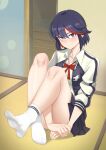  1girl absurdres bare_legs black_skirt blue_eyes blue_hair blue_jacket blush bow bowtie breasts closed_mouth collarbone convenient_arm crossed_legs eyelashes feet full_body ghhoward hair_between_eyes highres indoors jacket kill_la_kill knees_up legs looking_at_viewer matoi_ryuuko medium_breasts medium_hair multicolored_clothes multicolored_hair multicolored_jacket neckerchief no_shoes on_ground open_clothes open_jacket paid_reward_available parted_bangs pleated_skirt red_bow red_bowtie red_hair red_neckerchief ribbed_socks sailor_collar school_uniform shiny_skin sitting skirt socks soles solo streaked_hair thighs toes two-tone_jacket unzipped white_jacket white_socks 