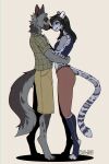  2:3 anthro bottomwear canid canine canis clothed clothing duo embrace eye_contact felid feline female fluffy fluffy_tail fully_clothed hair happy hi_res hug leopard long_hair looking_at_another male mammal pantherine romantic romantic_couple shirt shorts sketch smile standing tail thalislixeon topwear wolf 