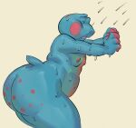  absurd_res amphibian anthro belly blue_body blue_skin clothing frog hi_res male nondelismell nude shelby_bandler_(rubyoulazycat) shower slightly_chubby solo swimwear wet 