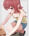  1girl blush breasts camisole denim denim_shorts dog emu_1316 idolmaster idolmaster_shiny_colors komiya_kaho looking_at_animal mamemaru_(shiny_colors) nipple_slip nipples no_bra red_eyes red_hair sandals shorts simple_background small_breasts smile solo squatting yellow_camisole 