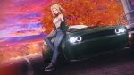  1girl absurdres autumn blonde_hair blush breasts car denim dodge_challenger girls_und_panzer green_car highres jeans kay_(girls_und_panzer) large_breasts laughing long_hair looking_at_viewer mizzterbii motor_vehicle one_eye_closed outdoors pants road solo tank_top white_tank_top 