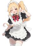  1girl alternate_costume apron black_dress blonde_hair blush bocchi_the_rock! bow bowtie cowboy_shot dress enmaided frilled_apron frilled_dress frills highres ijichi_nijika long_hair maid maid_headdress one_eye_closed one_side_up open_mouth polka_dot polka_dot_bow red_bow red_bowtie red_eyes short_sleeves simple_background smile solo thighhighs tsukasa2048 white_apron white_background white_thighhighs wrist_cuffs 