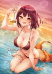  1girl alt_(ctrldel) atelier_(series) atelier_sophie bikini black_bikini bracelet breasts brown_eyes cleavage collarbone highres holding jewelry large_breasts looking_at_viewer navel ocean open_mouth outdoors red_hair short_hair sitting smile solo sophie_neuenmuller sunset swimsuit wet 