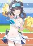  1girl absurdres animal_ears armpits arms_up bare_shoulders black_hair blue_archive blue_eyes blush breasts cheerleader confetti dog_ears dog_girl dog_tail english_commentary eyewear_on_head halo hibiki_(blue_archive) hibiki_(cheerleader)_(blue_archive) highres holding holding_pom_poms kirachamo long_hair looking_at_viewer millennium_cheerleader_outfit_(blue_archive) navel official_alternate_costume pom_pom_(cheerleading) skirt solo stadium standing standing_on_one_leg star_sticker sticker_on_face tail unaligned_breasts white_skirt yellow_halo 