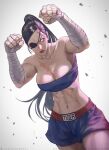  1girl artist_name bandages bare_shoulders black_hair blank_eyes breasts cleavage clenched_hands closed_mouth collarbone english_text eyepatch fighting_stance frown genderswap genderswap_(mtf) highres large_breasts long_hair looking_at_viewer midriff muay_thai navel ponytail red_lips sagat scar scar_on_chest scar_on_face scar_on_forehead simple_background solo street_fighter twitter_username wandzardeen web_address 