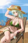  1girl absurdres animal_ear_fluff animal_ears arknights bare_shoulders bikini blue_sky bracelet breasts brown_headwear cat_ears chair choker cleavage closed_mouth collarbone crossed_legs cup day dym-c ears_through_headwear feet_out_of_frame front-tie_bikini_top front-tie_top green_bikini green_choker green_eyes green_ribbon grey_hair hat highres holding holding_cup jewelry kal&#039;tsit_(arknights) large_breasts lens_flare long_hair looking_to_the_side navel ocean outdoors ribbon side-tie_bikini_bottom sitting sky smile solo straw_hat sunlight swimsuit water 