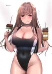  1girl black_choker black_one-piece_swimsuit black_towel breasts brown_hair chewing choker closed_mouth competition_swimsuit covered_navel food food_on_face goddess_of_victory:_nikke highleg highleg_swimsuit highres holding holding_food large_breasts legs light_brown_hair long_hair looking_at_viewer official_alternate_costume one-piece_swimsuit orange_eyes rapi_(classic_vacation)_(nikke) rapi_(nikke) rufei_bot shiny_skin solo standing swimsuit thighs towel towel_around_neck twitter_username two-tone_swimsuit 
