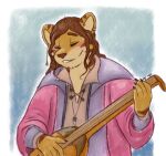  anthro bard brown_hair claws clothed clothing curled_hair digital_media_(artwork) felid feline felis fingers fur gabe_(mytigertail) guitar hair hi_res holding_object long_hair lute male male/male mammal medieval medieval_clothing medieval_style musical_instrument mytigertail open_mouth overweight overweight_anthro overweight_male pantherine plucked_string_instrument rpg_world simple_background slightly_chubby smile solo string_instrument tiger 