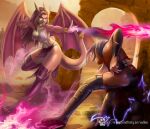  anthro bottomwear breasts caddea clothing dragon duo elf female fight fire hair hi_res humanoid loincloth magic mammal pink_body pink_scales scales scalie tail torn_clothing wings 