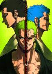  3boys barbarvsah black_hair blue_hair closed_mouth earrings green_hair grin highres holding holding_sword holding_weapon jewelry katana looking_at_viewer mouth_hold multiple_boys one_eye_closed one_piece roronoa_zoro ryuuma scar scar_across_eye shimotsuki_ushimaru short_hair single_earring smile smirk stitches sword teeth weapon 