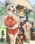  2girls absurdres bare_shoulders bikini blonde_hair blue_bikini breasts closed_mouth dismaiden elf eyeshadow green_eyes grey_hair highres large_breasts leaning_back leaning_forward looking_at_viewer makeup multiple_girls outdoors palm_tree parted_lips pointy_ears princess_zelda purah red-framed_eyewear red_eyes red_eyeshadow round_eyewear sandals sarong short_hair small_breasts smile swimsuit the_legend_of_zelda the_legend_of_zelda:_tears_of_the_kingdom thigh_strap tree white_bikini 