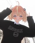  +_+ 1girl 3d ahoge black_sweater blender_(medium) blonde_hair blush bright_pupils cel_shading clothes_writing collared_shirt commentary_request day double_v english_text flower grin hair_flower hair_ornament highres long_sleeves looking_at_viewer medium_hair multicolored_eyes multicolored_hair orange_hair outdoors overcast pink_eyes power_lines print_sweater purple_eyes rinne_(rinrinne) rinrinne rinrinne39_(artist) shirt short_twintails sky sleeves_past_wrists smile solo streaked_hair sweater teeth twintails upper_body v virtual_youtuber white_pupils white_shirt 